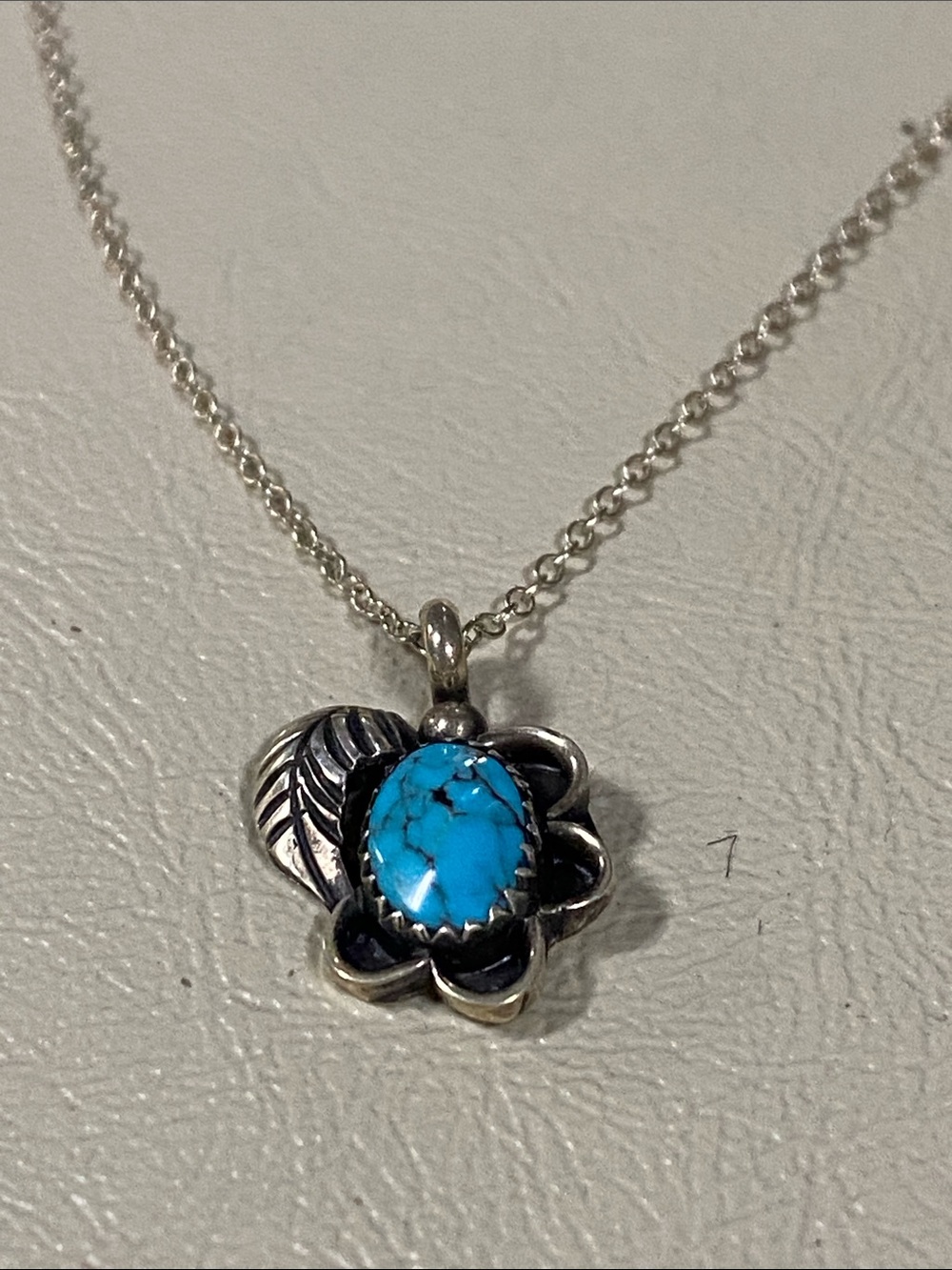 Vintage Sterling Silver stamped Turquoise Flower Pendant 20” Necklace